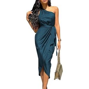 PRETTYGARDEN Women's Ruched Dress Asymmetrical Sleeveless Belted Cocktail Dress